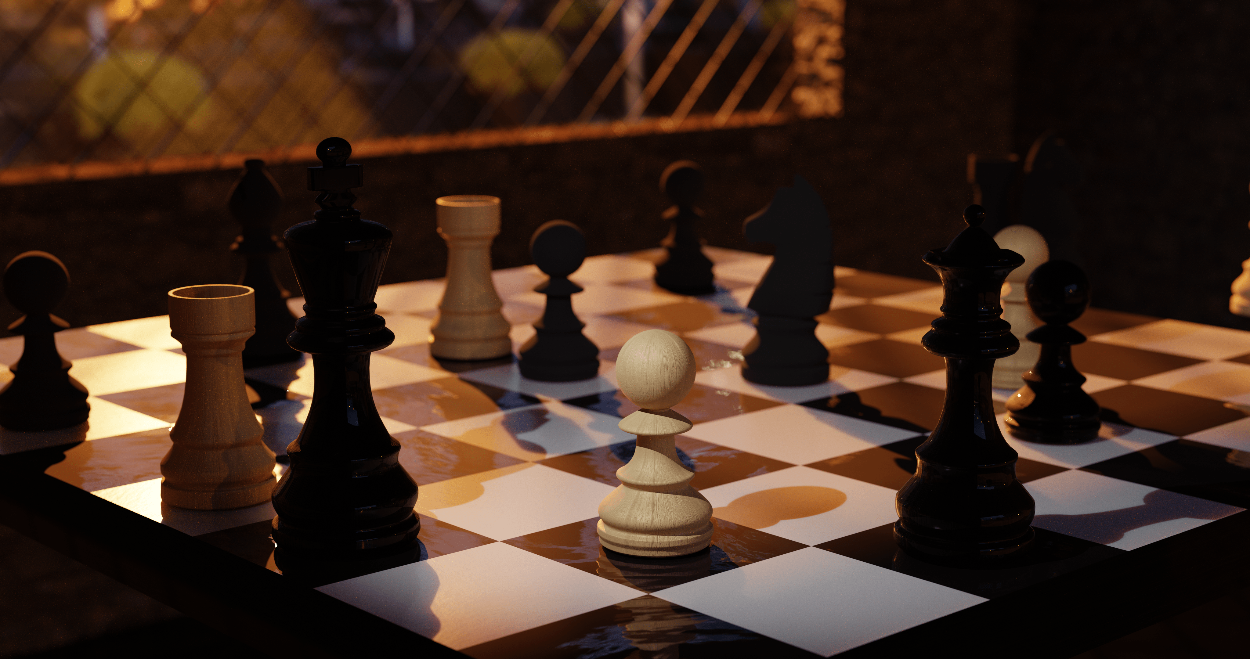 Billede af en detaljeret skakscene med en hvid skakbrik på plads.